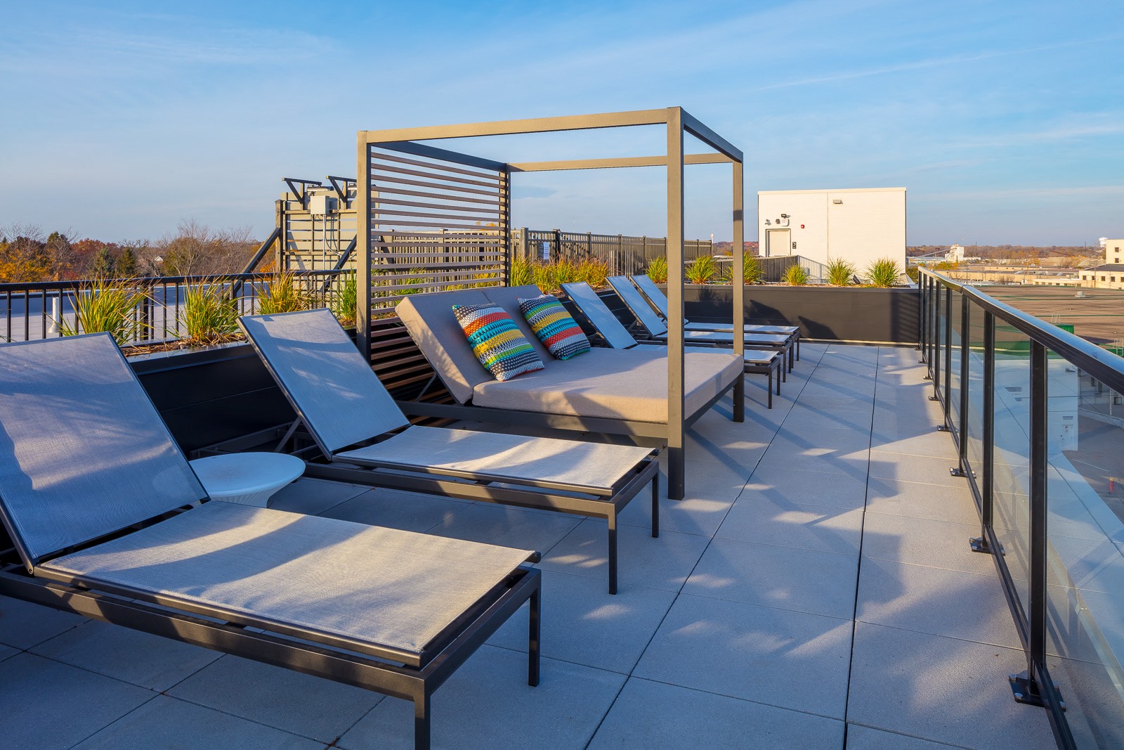 Rooftop sun deck with sunset views